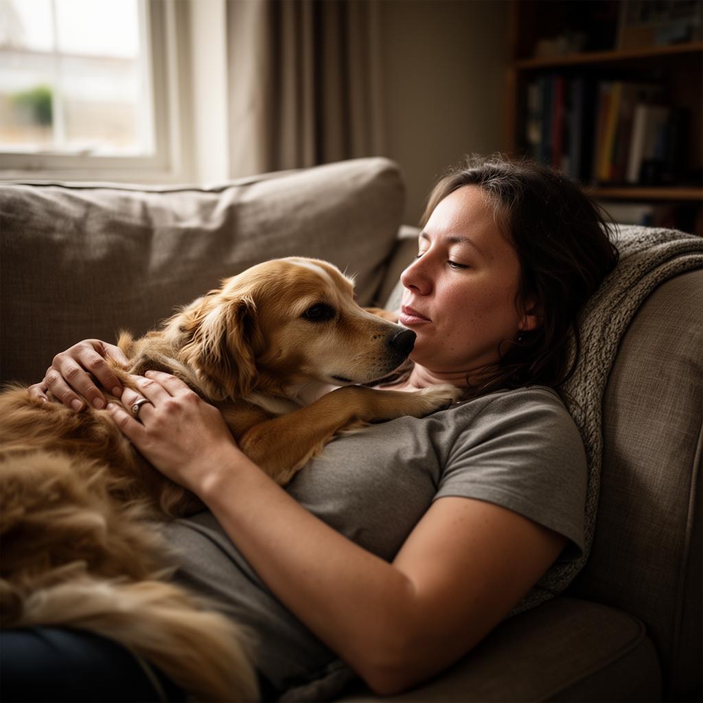 Frau auf dem Sofa, ihr Hund schmiegt sich an sie