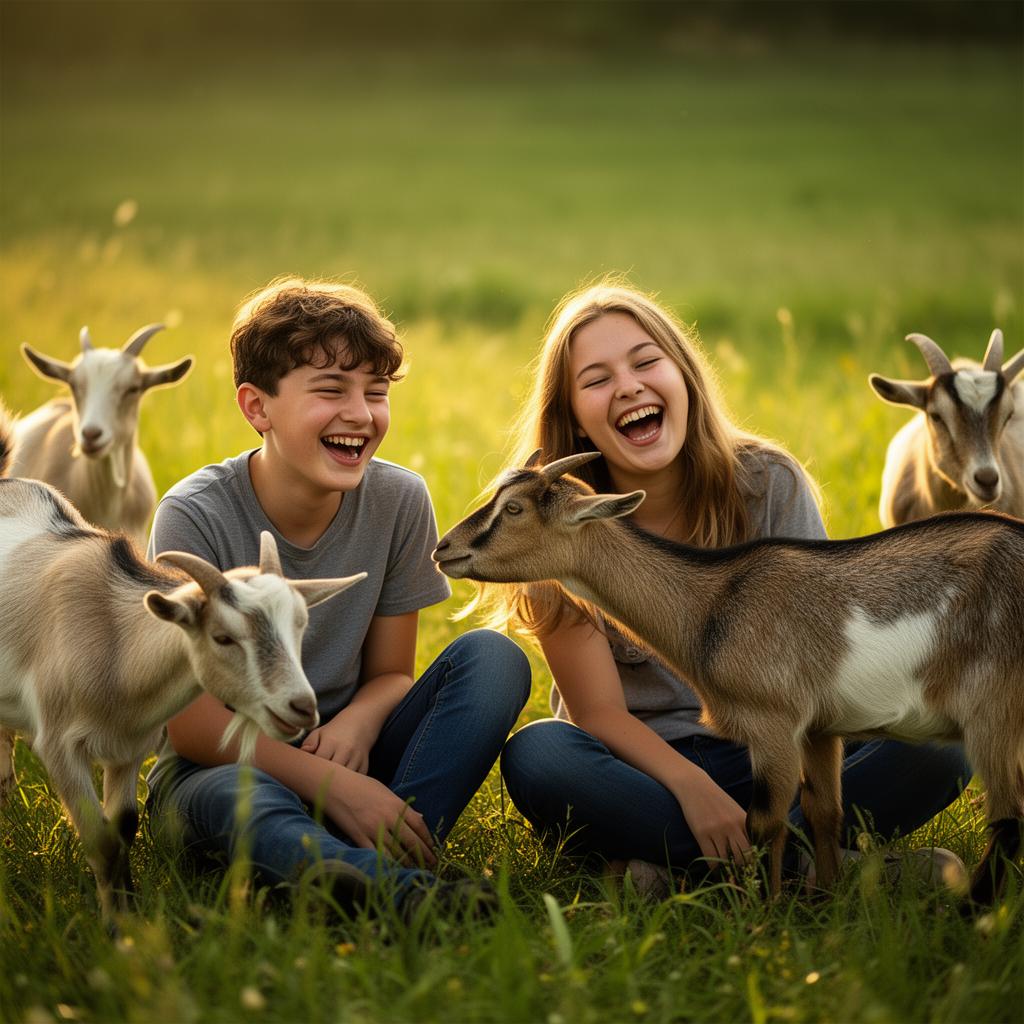 Jugendliche lachen bei Ziegen auf einer Wiese